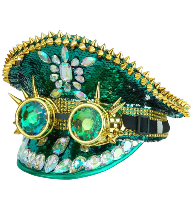 Green Festival Cap with Spikes, Jewels and Kaleidoscope Sequin Glasses – Costume Accessory