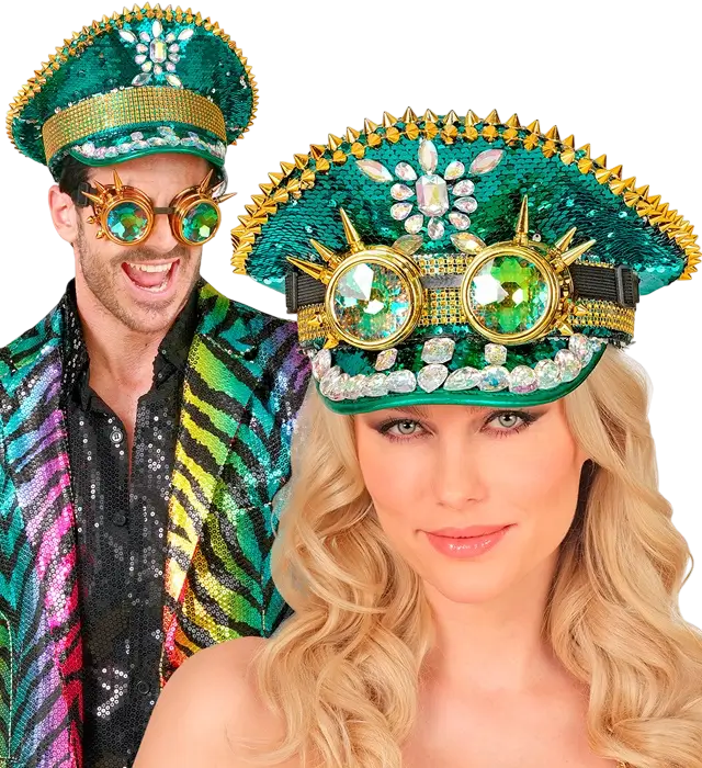 Green Festival Cap with Spikes, Jewels and Kaleidoscope Sequin Glasses – Costume Accessory