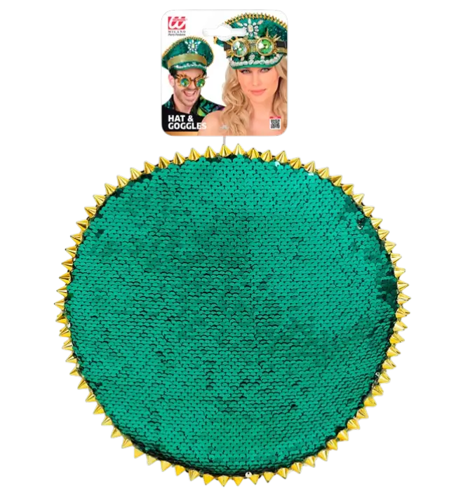 Green Festival Cap with Spikes, Jewels and Kaleidoscope Sequin Glasses – Costume Accessory