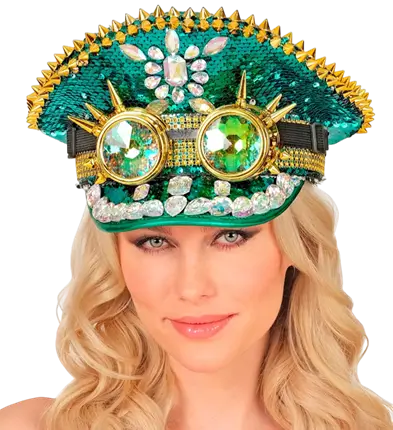 Green Festival Cap with Spikes, Jewels and Kaleidoscope Sequin Glasses – Costume Accessory