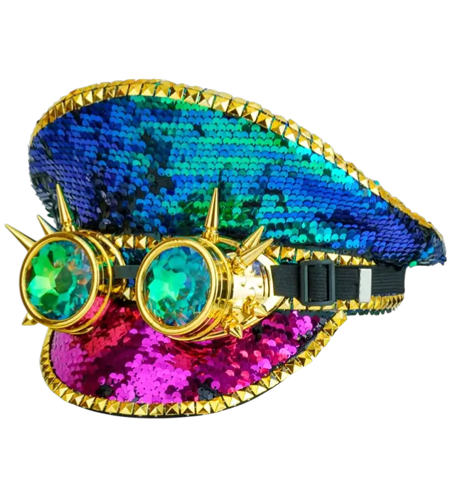 Festival Hat with Studs and Kaleidoscope Glasses with Spikes and Multicolor Sequins – Costume Accessory