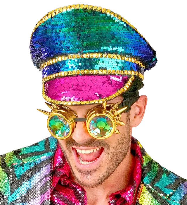 Festival Hat with Studs and Kaleidoscope Glasses with Spikes and Multicolor Sequins – Costume Accessory