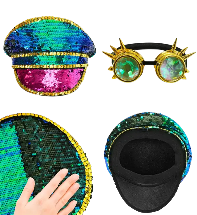 Festival Hat with Studs and Kaleidoscope Glasses with Spikes and Multicolor Sequins – Costume Accessory