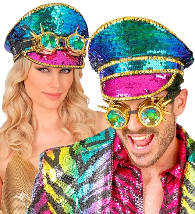 Festival Hat with Studs and Kaleidoscope Glasses with Spikes and Multicolor Sequins – Costume Accessory