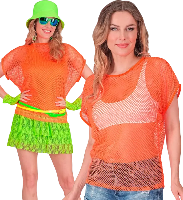 Neon Orange Mesh Shirt – 80s Disco Costume Shirt