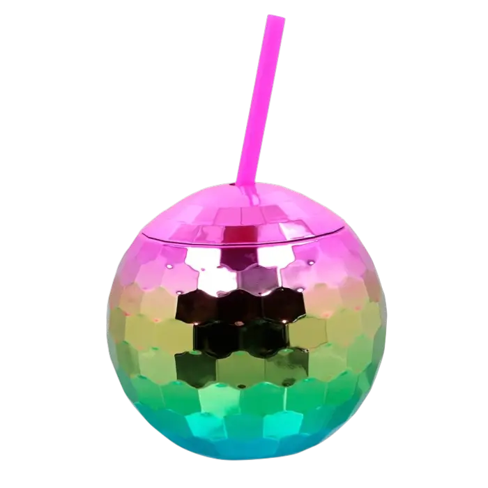Disco ball cup with rainbow straw 600ml