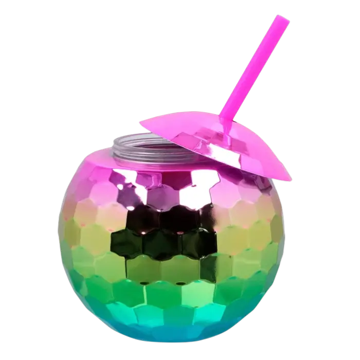 Disco ball cup with rainbow straw 600ml