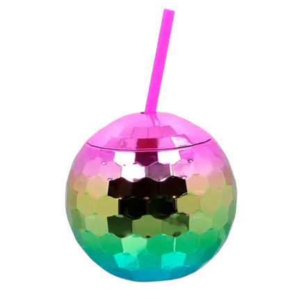 Disco ball cup with rainbow straw 600ml