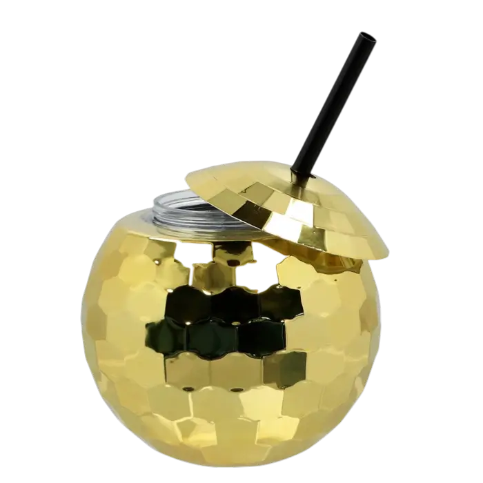 Ball disco cup with gold straw 600ml