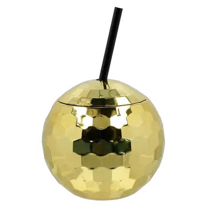 Ball disco cup with gold straw 600ml