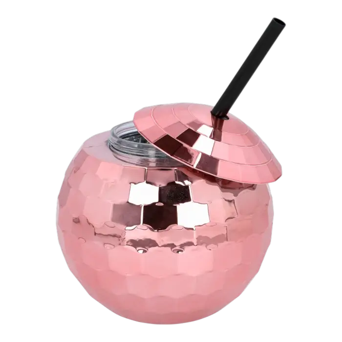 Disco ball tumbler with rose gold straw