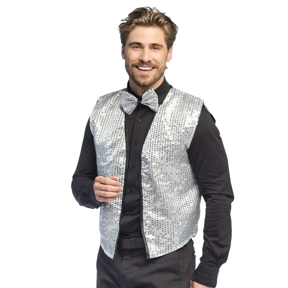 Spangles" sequined waistcoat and bow tie - Size M/L - Silver