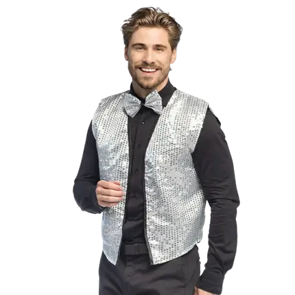 Spangles sequined waistcoat and bow tie - Size M/L - Silver