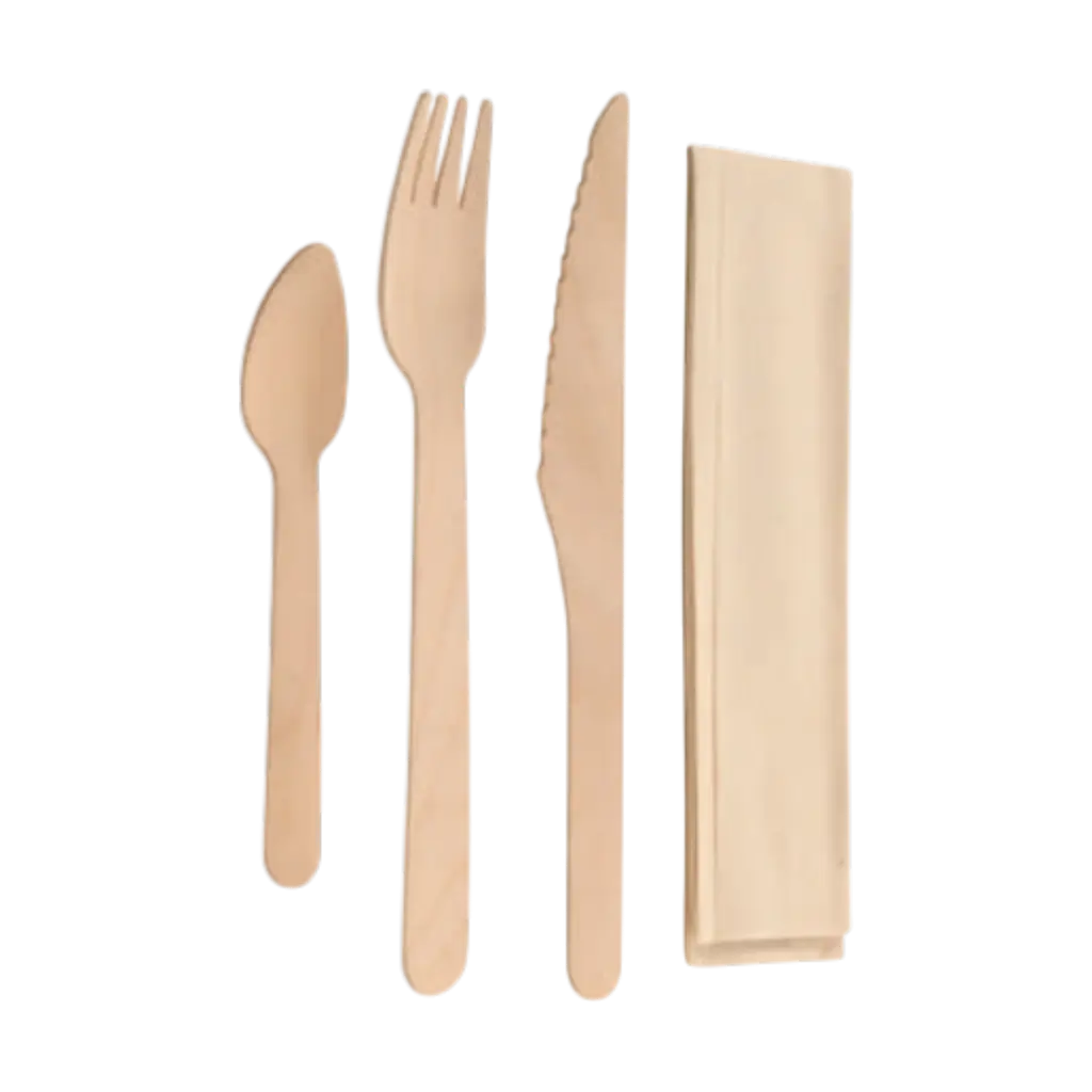Kit of 4 wooden cutlery sets + Kraft packaging (pack of 100)