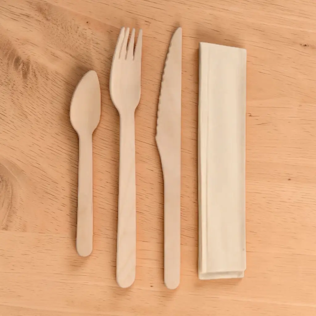 Kit of 4 wooden cutlery sets + Kraft packaging (pack of 100)