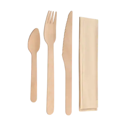 Kit of 4 wooden cutlery sets + Kraft packaging (pack of 100)