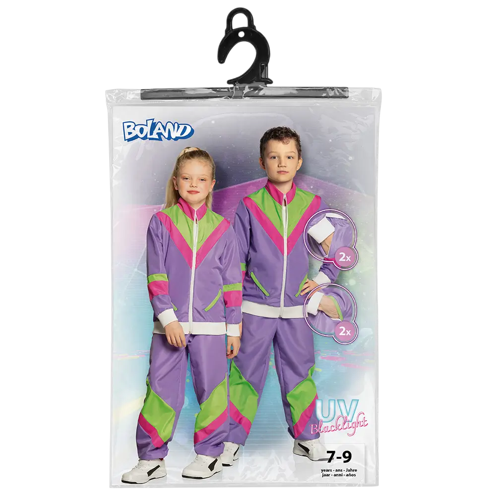 Children's neon purple retro tracksuit disguise - 7-9 years
