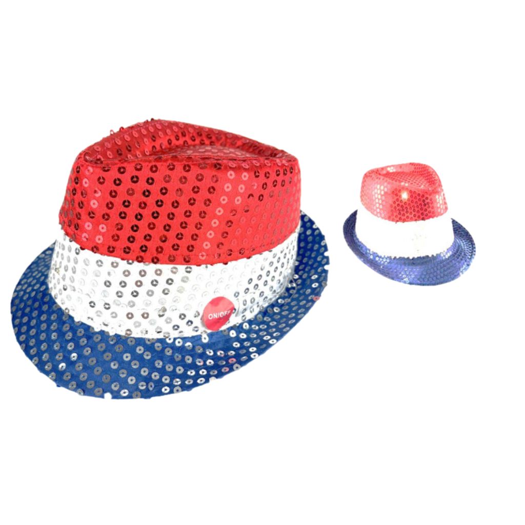 Blue white red flashing LED Sequins hat 3 LR44 batteries included