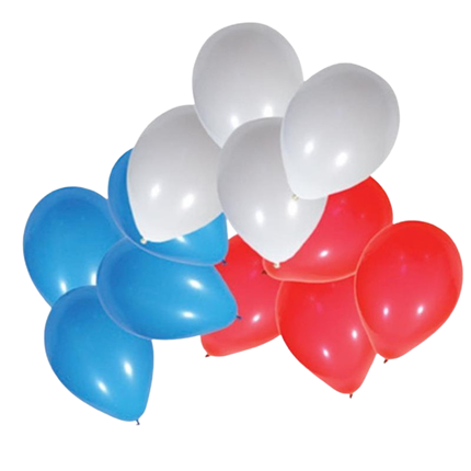 100 blue, white and red balloons 30 cm