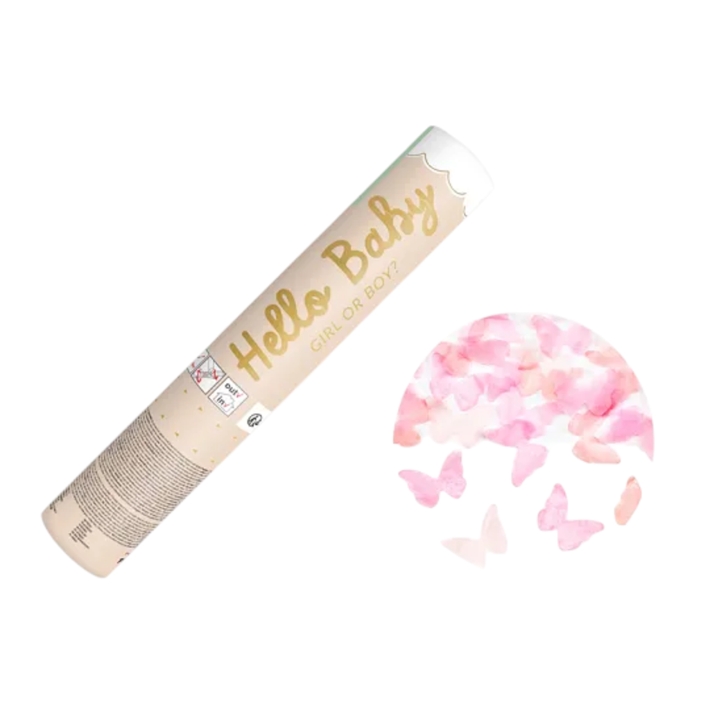 Gender Reveal confetti cannon with pink butterflies 20 cm