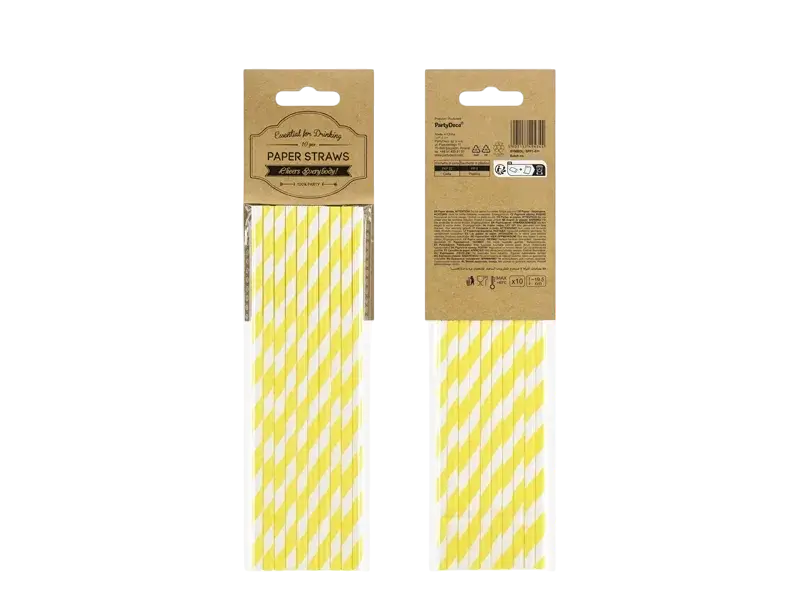 10 yellow and white striped paper straws