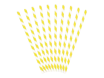 10 yellow and white striped paper straws