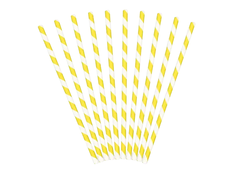 10 yellow and white striped paper straws