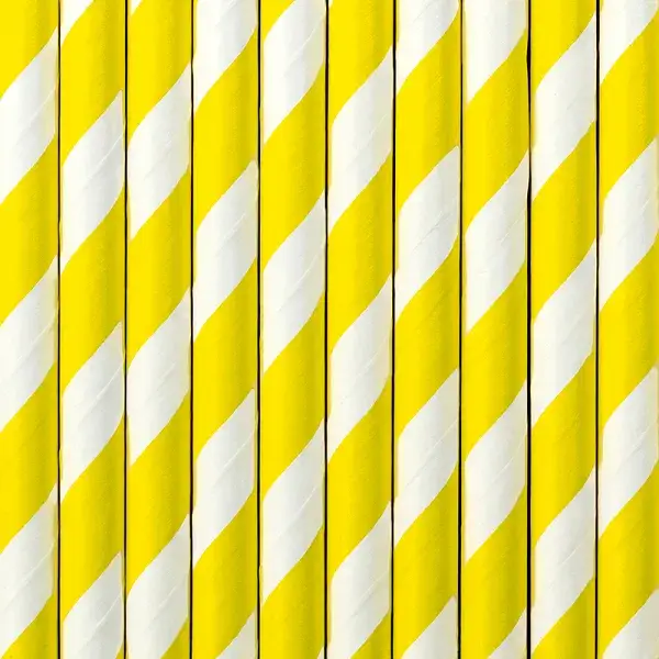 10 yellow and white striped paper straws