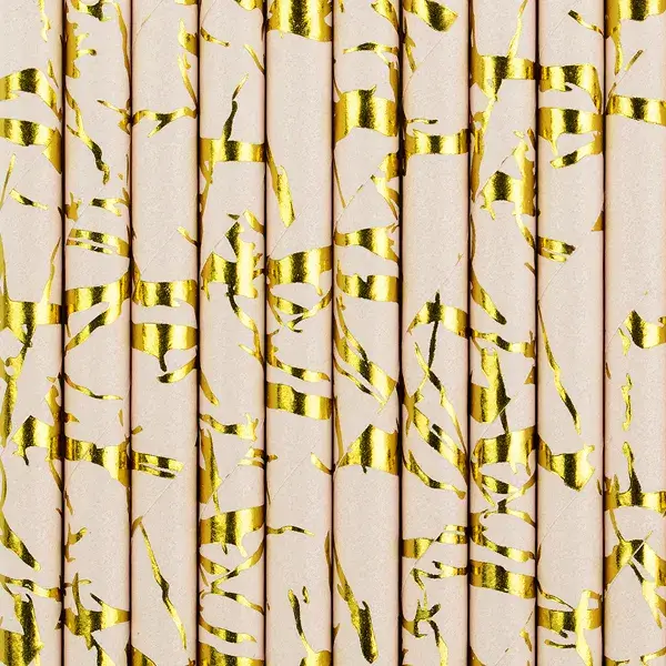 10 Pink powdered straws with gold marbling