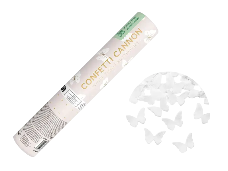 Confetti cannon with white butterflies 20 cm