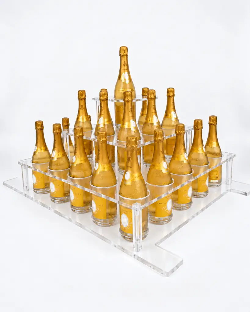 Transparent plexiglass pyramid, holds 25 bottles