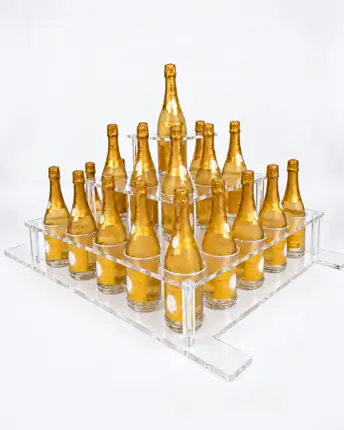 Transparent plexiglass pyramid, holds 25 bottles