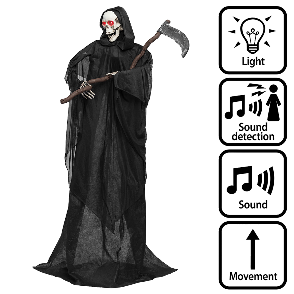 Animated Skeleton Reaper Doll with Scythe, 183 cm – Halloween