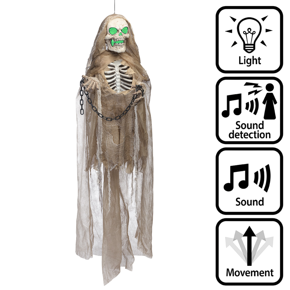 Animated, Light-up and Sound-effect Skeleton Doll with Chains, 183 cm – Halloween