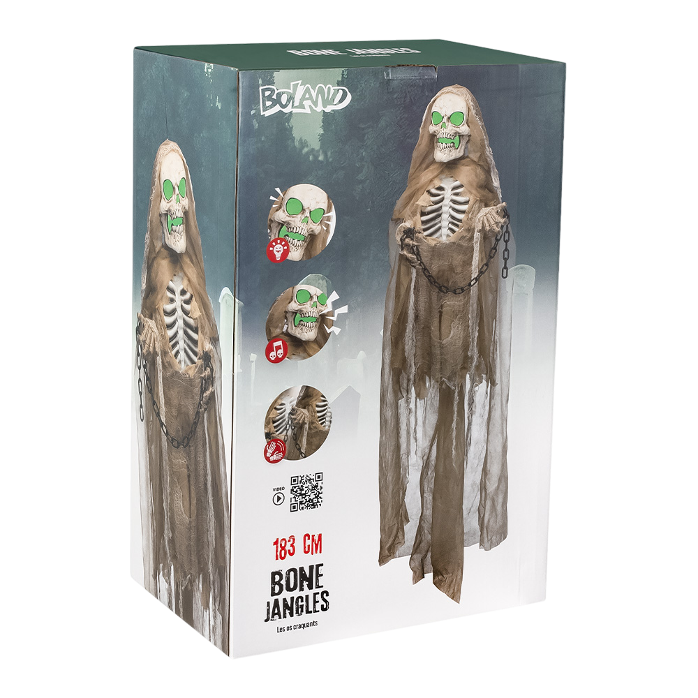 Animated, Light-up and Sound-effect Skeleton Doll with Chains, 183 cm – Halloween