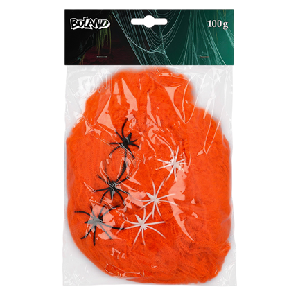 Orange Spider Web, 100 g, with 6 UV Spiders – Halloween