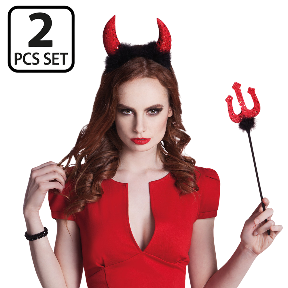 Devil’s Costume Set with Horns and 40 cm Trident – Halloween Costume