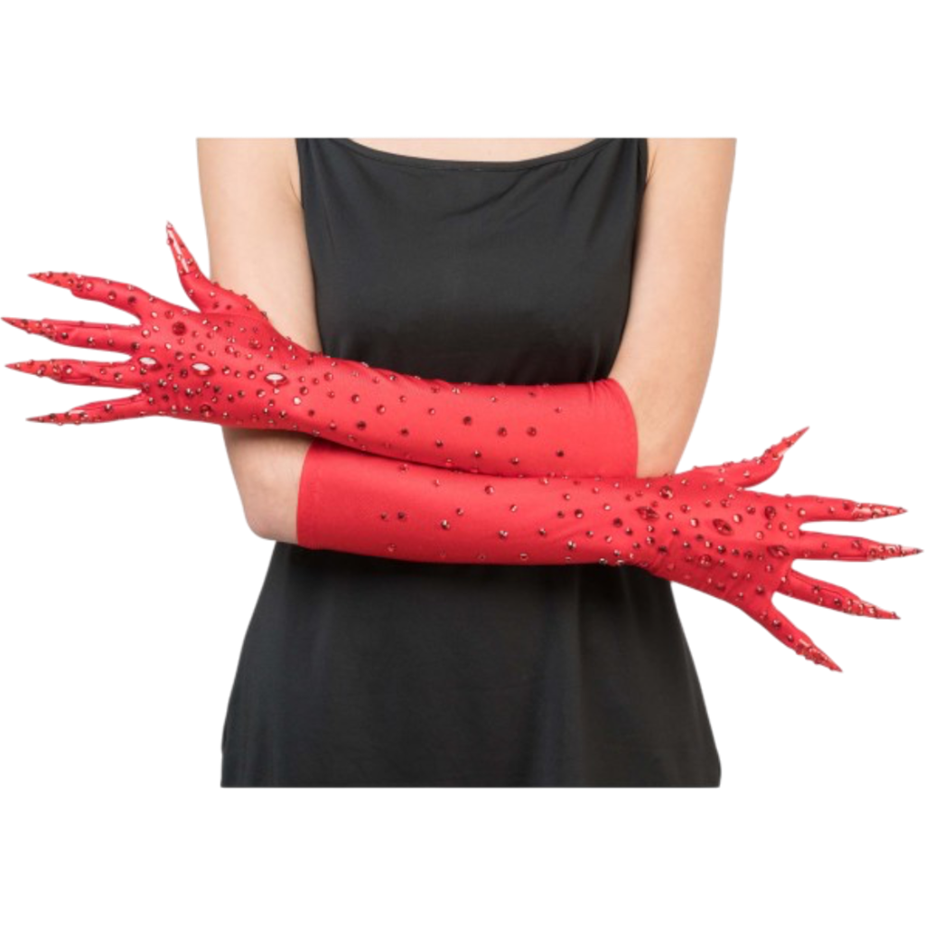 Red Diablesse Gloves with Rhinestones, 45 cm – Halloween Accessory