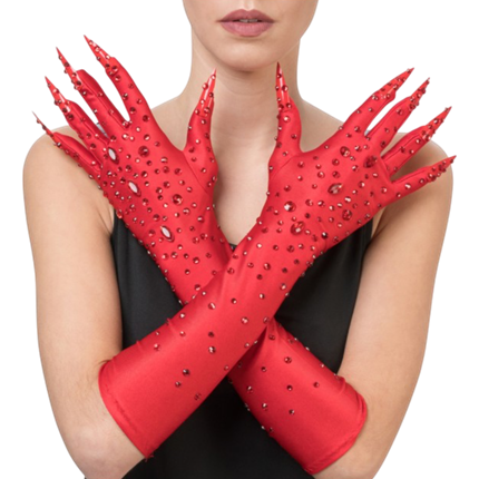 Red Diablesse Gloves with Rhinestones, 45 cm – Halloween Accessory