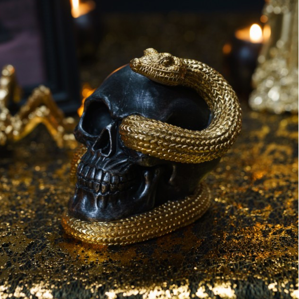 Skull with Golden Snake, 14.5 cm – Halloween decoration