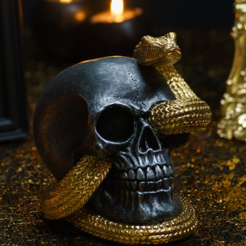 Skull with Golden Snake, 14.5 cm – Halloween decoration