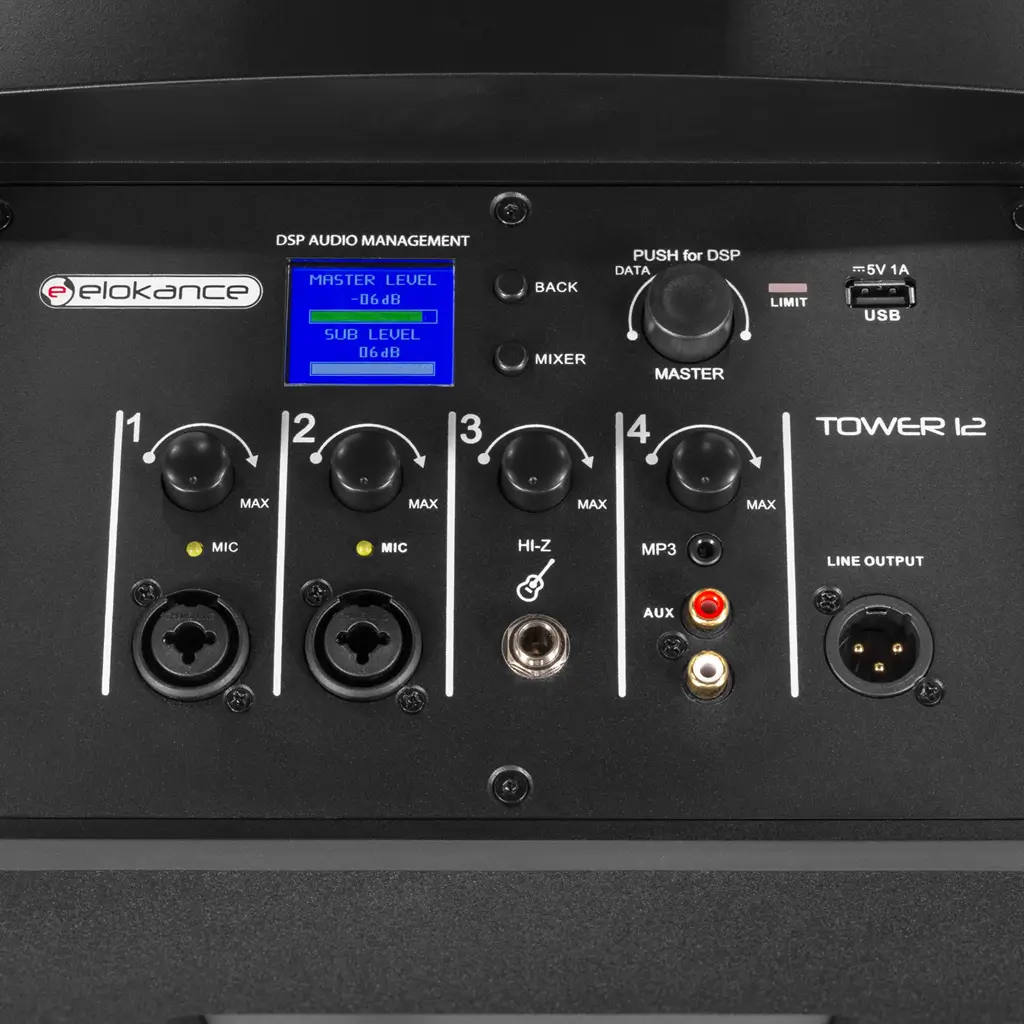3-way active column system, 800 W RMS, with 12" subwoofer – Elokance