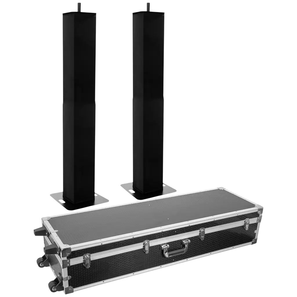 Set of 2 extendable totems (106–195 cm) with black Lycra covers and flight case – Plugger