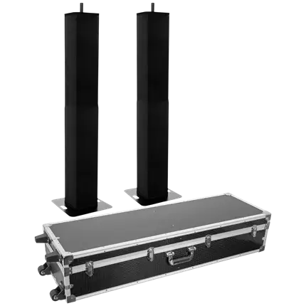 Set of 2 extendable totems (106–195 cm) with black Lycra covers and flight case – Plugger