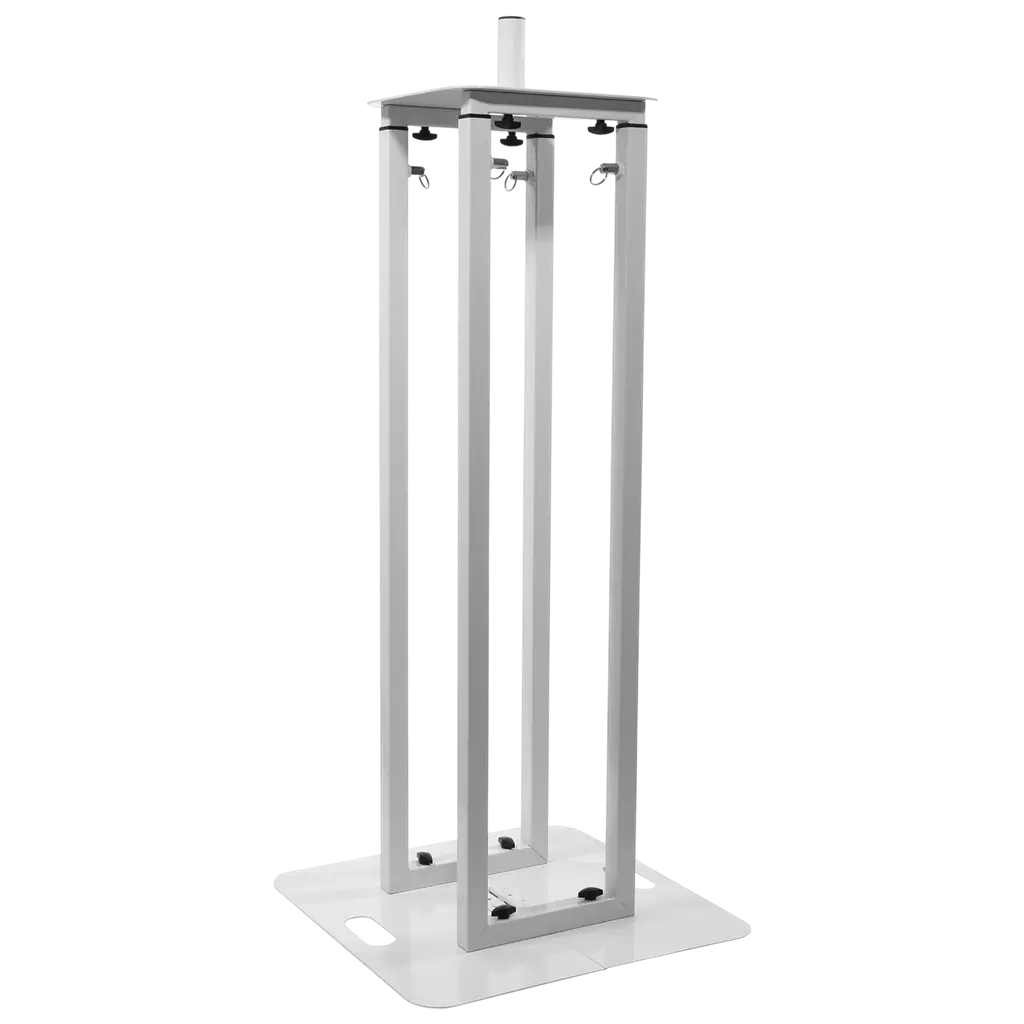 Set of 2 extendable totems (106–195 cm) with white Lycra covers and flight case – Plugger