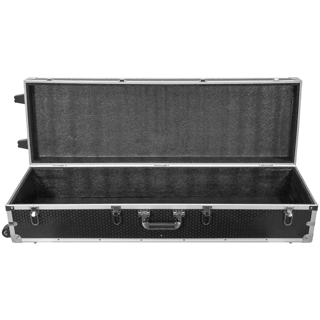Set of 2 extendable totems (106–195 cm) with white Lycra covers and flight case – Plugger
