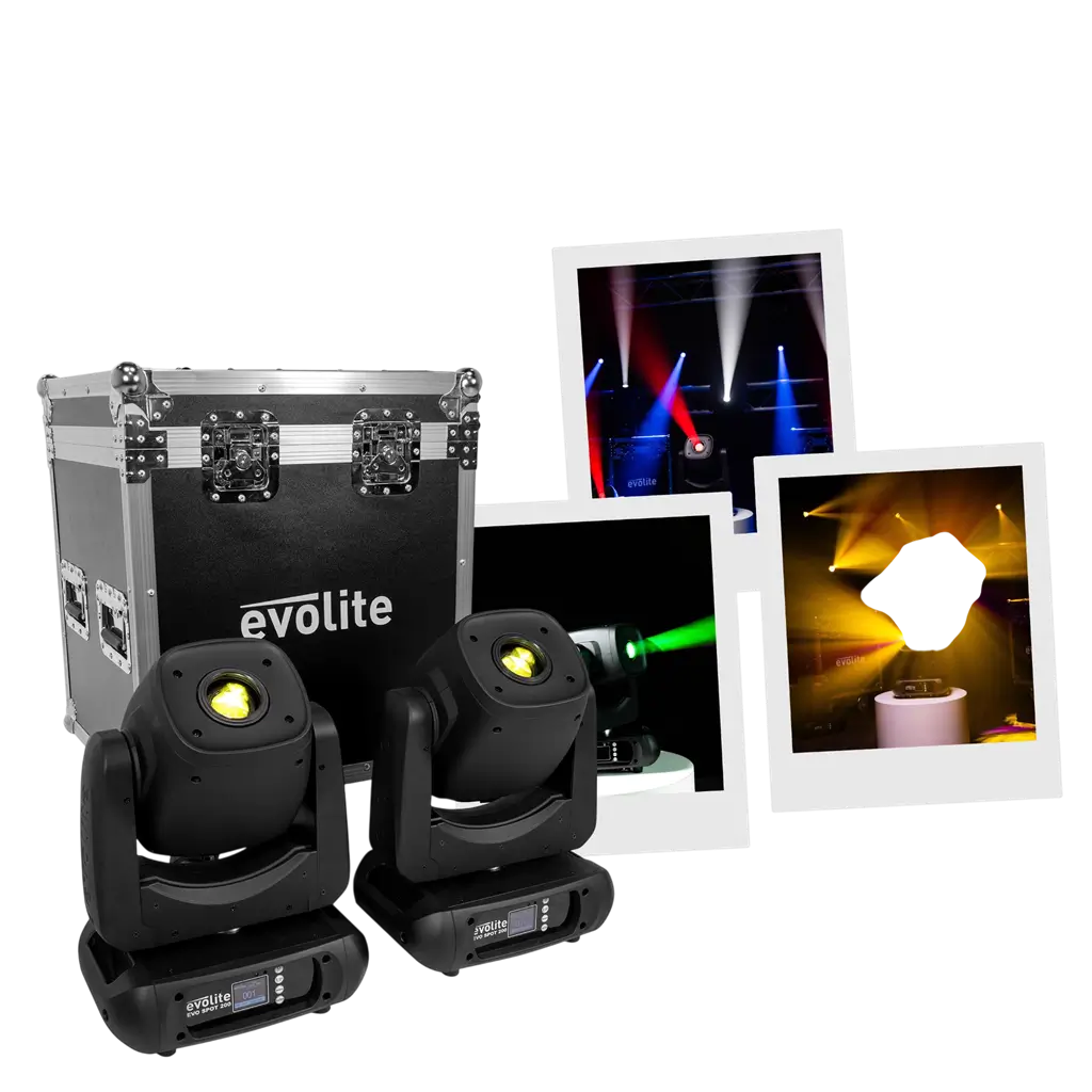 Pack of 2 high-brightness 200 W LED spotlights with flight case – Evolite