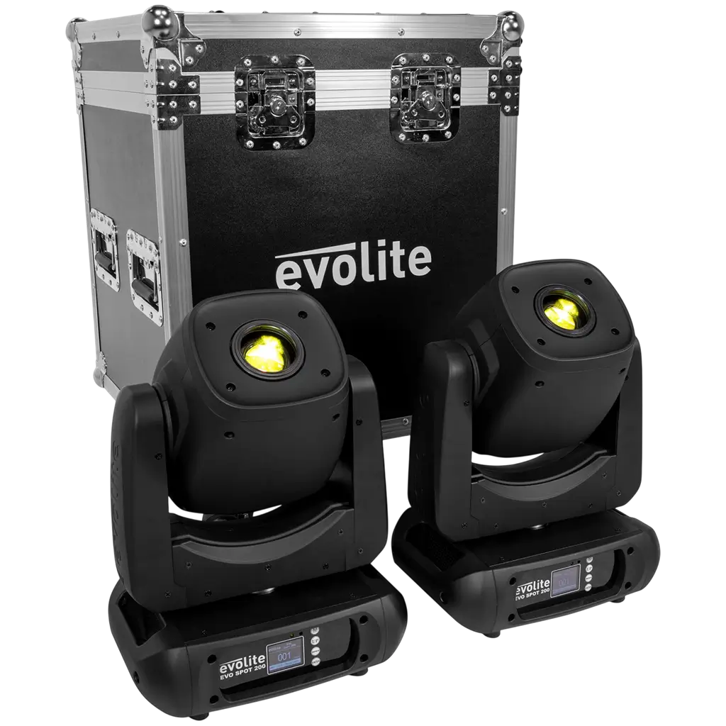 Pack of 2 high-brightness 200 W LED spotlights with flight case – Evolite