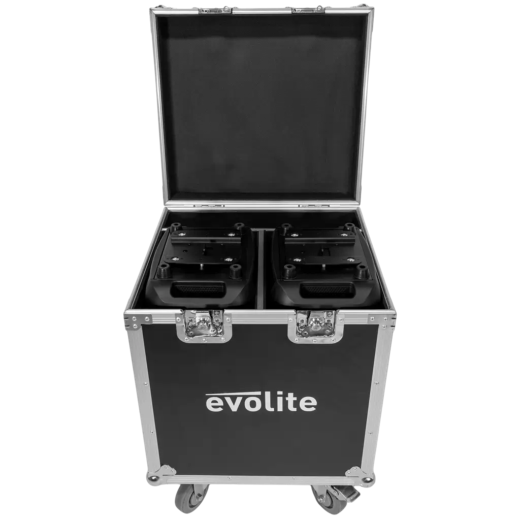 Pack of 2 high-brightness 200 W LED spotlights with flight case – Evolite