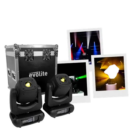 Pack of 2 high-brightness 200 W LED spotlights with flight case – Evolite